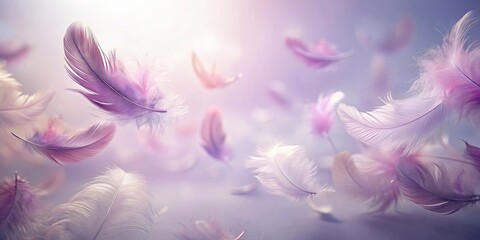 Wall Mural - Delicate pastel feathers floating in a gentle breeze, ethereal and serene, a tranquil scene of nature's beauty