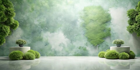 Wall Mural - Serene Green Interior Design Mockup with Greenery and Pedestals