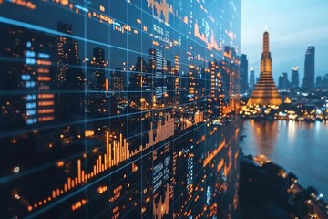 Poster - Holographic market projections illuminating urban skyline financial analysis cityscape nighttime futuristic concept