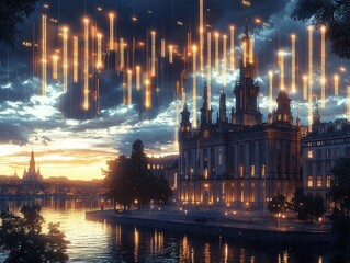 Poster - Illuminated blockchain infrastructure concept historic city digital art evening glow aerial perspective secure economic data overlay