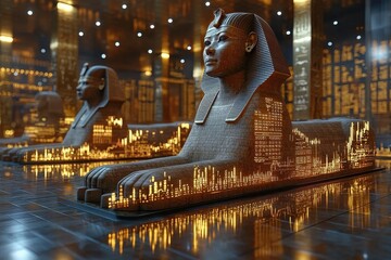 Poster - Illuminated stock graphs over ancient egyptian sphinx statues in luxurious museum setting unique digital art concept