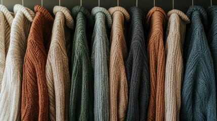 Poster - Colorful sweaters in various shades hang in a stylish line, creating a warm atmosphere. This minimalist arrangement showcases soft textures and inviting colors, perfect for fall