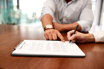Poster - Hands, business people and help to sign paperwork at office for partnership, deal and contract agreement. Closeup, desk and legal documents for policy compliance, employment conduct and onboarding