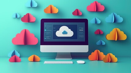 Poster - cloud application deployment process illustrated. colorful paper clouds surround computer screen. sc