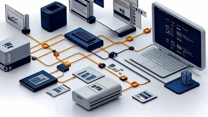 Poster - Computer workstation with interconnected devices showcasing network architecture and data management