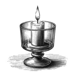 A single candle in a glass holder, line sketch engraving, white background.