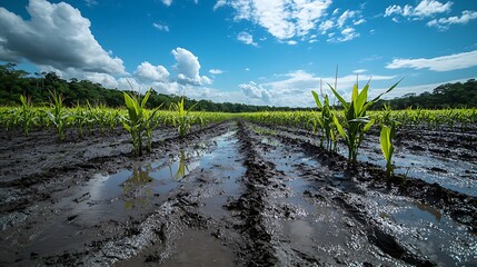 A wide-angle view of an agricultural field in the Amazon, with puddles and mud on the surface from heavy rain, showing signs of other natural phenomena, corn plants covered by a white powder or dust t