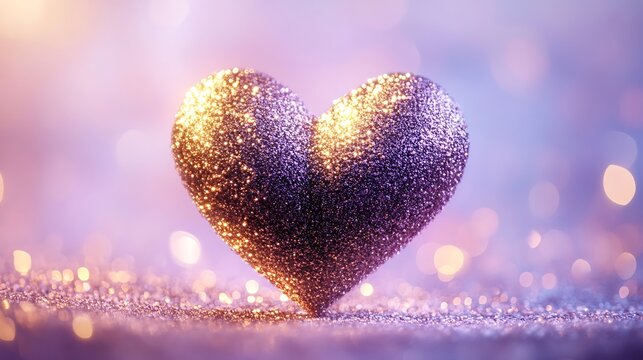 Abstract heart shape formed with tiny golden dots on a pastel lavender background