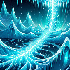 a digital illustration depicting a bright blue, frozen river flowing through an icy landscape. the r