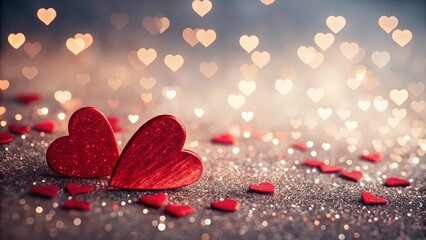 Poster - A close up of two red hearts on a grey background with a lot of other red hearts