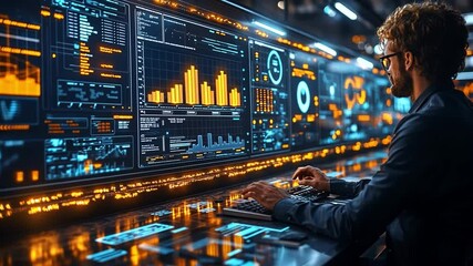 Poster - Professional analyzing data on multiple screens in a high-tech workspace during the evening