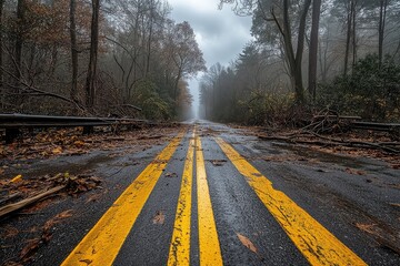 Wall Mural - Road after extreme hurricane with fallen trees, debris, and yellow lines, fog rolling in, and raindrops falling at dawn. Damaged wooden fences, branches, and materials scattered.