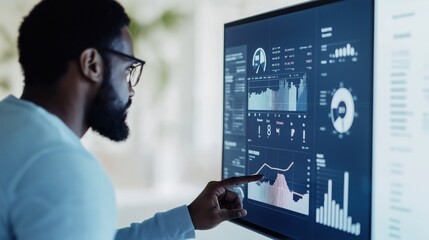 Poster - man analyzes data on large monitor. graphs, charts show marketing campaign performance. person looks