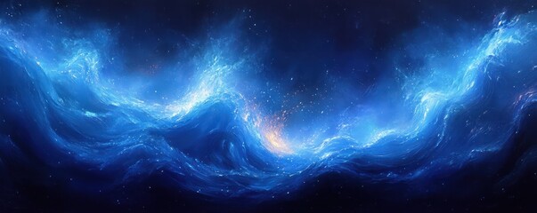 Aufkleber - Blue Light Waves Flowing Through Dark Background Abstract Design with Ethereal Glow