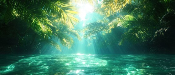Aufkleber - Serene Underwater Scene with Palm Leaves Shadows on Blue Water Surface and White Sand Beach
