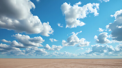 Wall Mural - Fluffy clouds drift across the vast blue sky above a sandy beach, stretching towards the distant horizon. Drift. Illustration