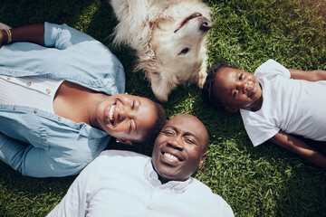 Canvas Print - Portrait, park or family on grass with dog, mother or dad in nature with child, love or support. Above, African parents or happy mom with father or girl kid with pet or golden retriever in Namibia