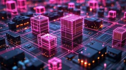 Poster - Futuristic digital landscape with glowing circuits and neon structures at night
