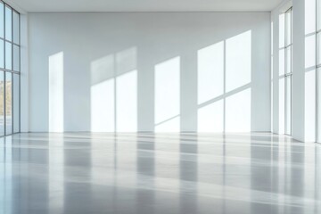 Empty white gallery space with large windows. Sunlight casts geometric shadows on white walls. Polished concrete floor reflects light. Minimalist design emphasizes potential and emptiness.