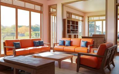 modern living room with a large orange sofa and two orange armchairs. The room has wooden , including a wooden coffee table and a bookshelf. There is a potted plant near the window