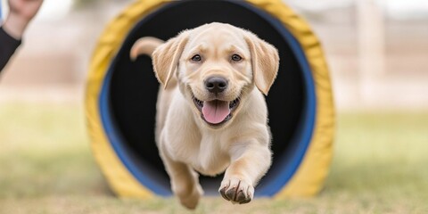 Canvas Print - Puppy training concept featuring obedience class techniques. A joyful puppy running through a tunnel in a playful outdoor setting