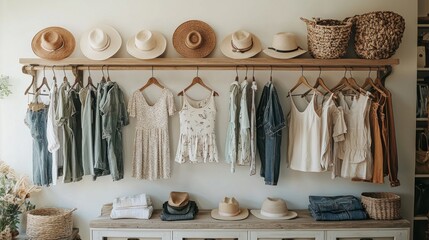 Poster - Set in a charming boutique, the enticing wall showcases a curated collection of fashionable clothing, hats, and accessories. Soft lighting enhances the inviting atmosphere