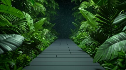 Wall Mural - A lush, green pathway surrounded by dense tropical foliage, leading into a serene, shadowy environment.