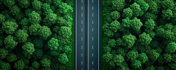 Wall Mural - Aerial view of a straight road bordered by lush green trees, showcasing the contrast between urban infrastructure and natural landscapes.