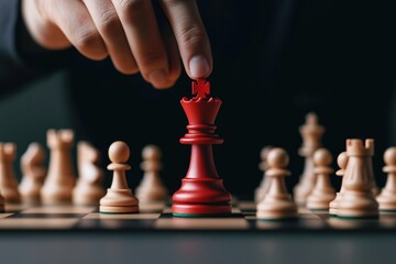 Leader places red queen strategically on chessboard. Teammates in background. Focus on leadership strategy. Planning, implementing solutions in business project management. Winning moves, solutions.