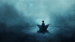 © Thiago - A small, sad-looking figure sits alone in a paper boat, adrift in a sea of darkness. Drift. Illustration