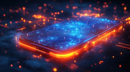 Poster - Futuristic Smartphone in Digital Landscape with Glowing Lights and Cyberpunk Aesthetic