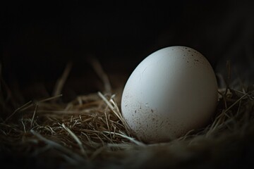 Single White Egg in Straw Nest on Dark Background