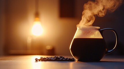 Wall Mural - Steaming coffee in glass mug on table.