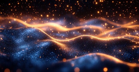 Poster - Abstract Background with Blue and Gold Glittering Particles, Bokeh Light, Holiday Shine, Modern Digital Art, Christmas Concept