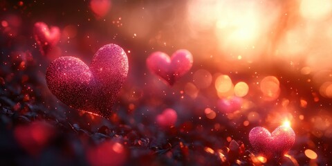 Poster - Pink Hearts Abstract Background Bokeh Effect for Valentines Day Mother's Day Wedding Banner