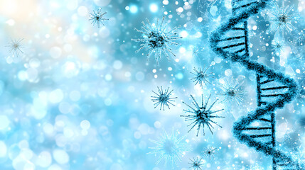 Poster - A vibrant, abstract representation of DNA strands and microorganisms set against a shimmering blue background