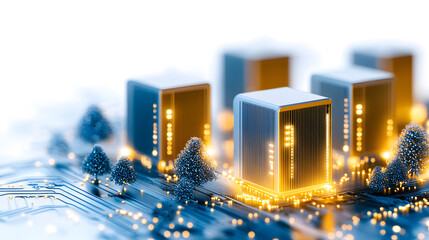 Aufkleber - A futuristic city skyline with illuminated buildings and stylized trees, set against a digital circuit board background, symbolizing technology and innovation