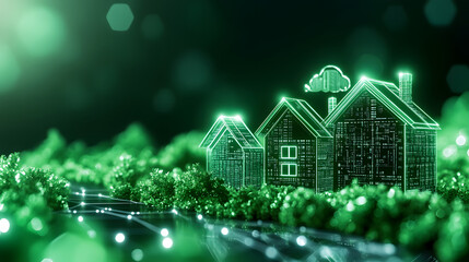Aufkleber - A futuristic digital rendering of green houses amidst lush vegetation, symbolizing eco-friendly living and sustainable architecture