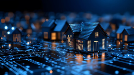 Aufkleber - A digital depiction of illuminated houses on a circuit board, symbolizing the integration of technology and smart home concepts