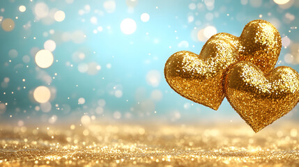Poster - Three sparkling golden hearts against a soft blue background, surrounded by shimmering bokeh, creating a festive and romantic atmosphere