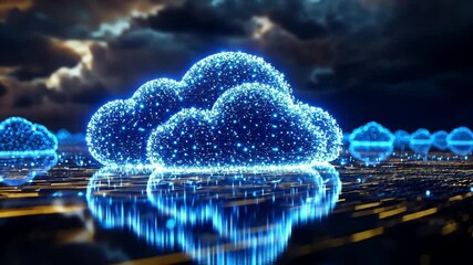Poster - Digital clouds illuminated with blue light reflect on a futuristic landscape amid dark skies