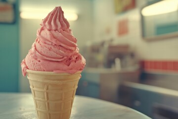 Wall Mural - Strawberry Ice Cream Cone In A Retro Setting