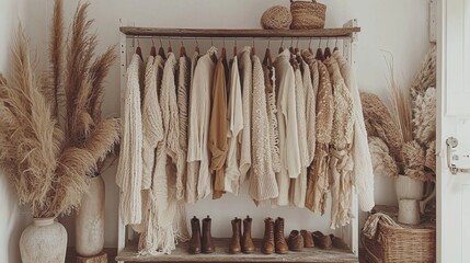 Poster - A wooden rack showcases an array of beautifully textured garments in neutral shades. Tall vases filled with pampas grass enhance the artisanal feel, inviting a serene shopping experience
