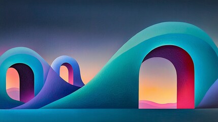 Poster - Abstract landscape with vibrant arches at sunset.