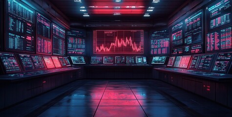 Poster - Futuristic Trading Room Stock Analysis with High-Tech Screens and Neon Lights for Investment Strategy
