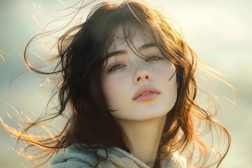 beautiful young asian woman with clear skin in soft natural light on pastel background, skincare, fa