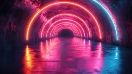 Poster - Futuristic Neon Tunnel Dynamic Perspective Cyberpunk Style Vibrant Lights Reflection Abstract Technology Scene