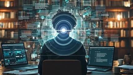 Poster - A person engaged in advanced data analysis in a library with multiple laptops and digital displays