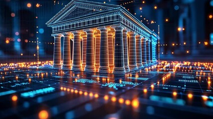 Poster - Digital representation of a classical building illuminated by glowing data and technology concepts