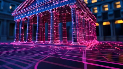 Poster - Digital representation of a historic building with neon lights during the night